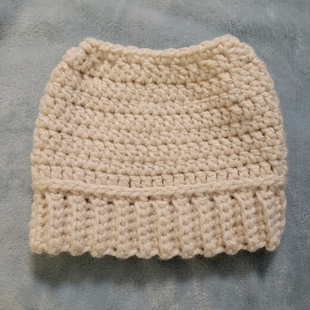 Handmade Crochet Chunky "Knit" Beanie w/ Hole for Ponytail/Bun Ivory Adult OSFM